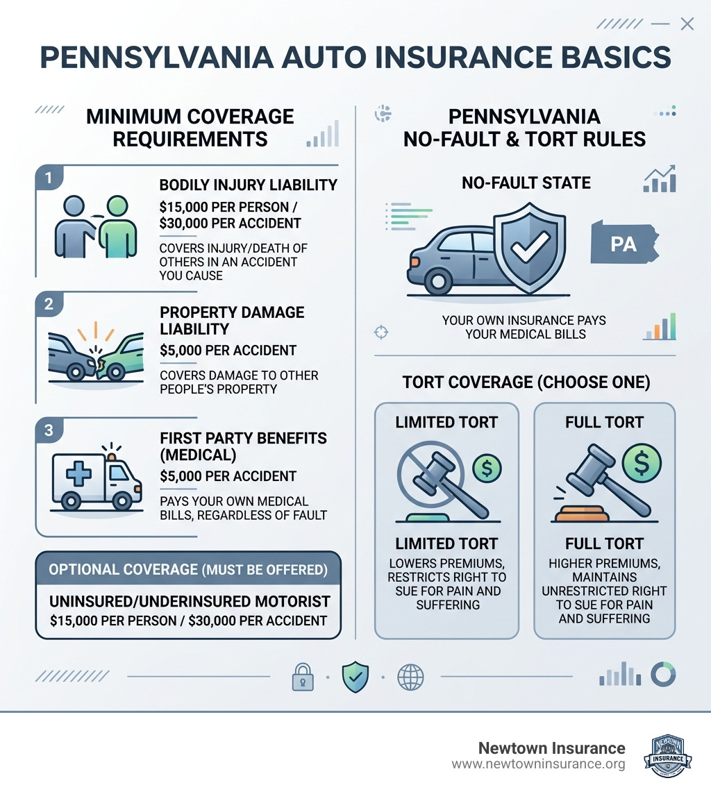 Pennsylvania auto insurance basics infographic showing minimum coverage requirements and no-fault rules - car insurance