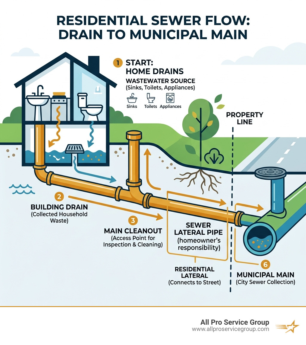 Infographic showing residential sewer connection flow from home drains to municipal main - sewer services infographic 