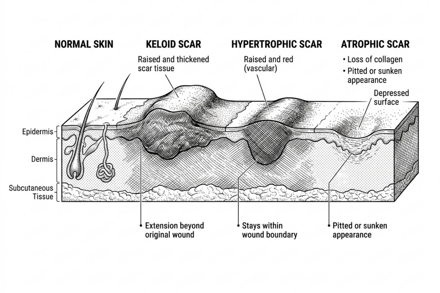 illustration of keloid, hypertrophic, and atrophic scars - what works for scars illustration of keloid, hypertrophic, and atrophic scars - what works for scars