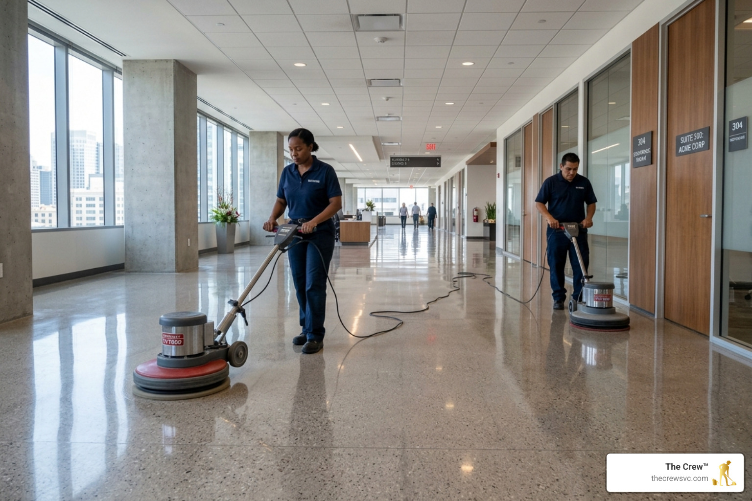 industrial-grade floor buffers being used in a large commercial hallway - commercial cleaning near me