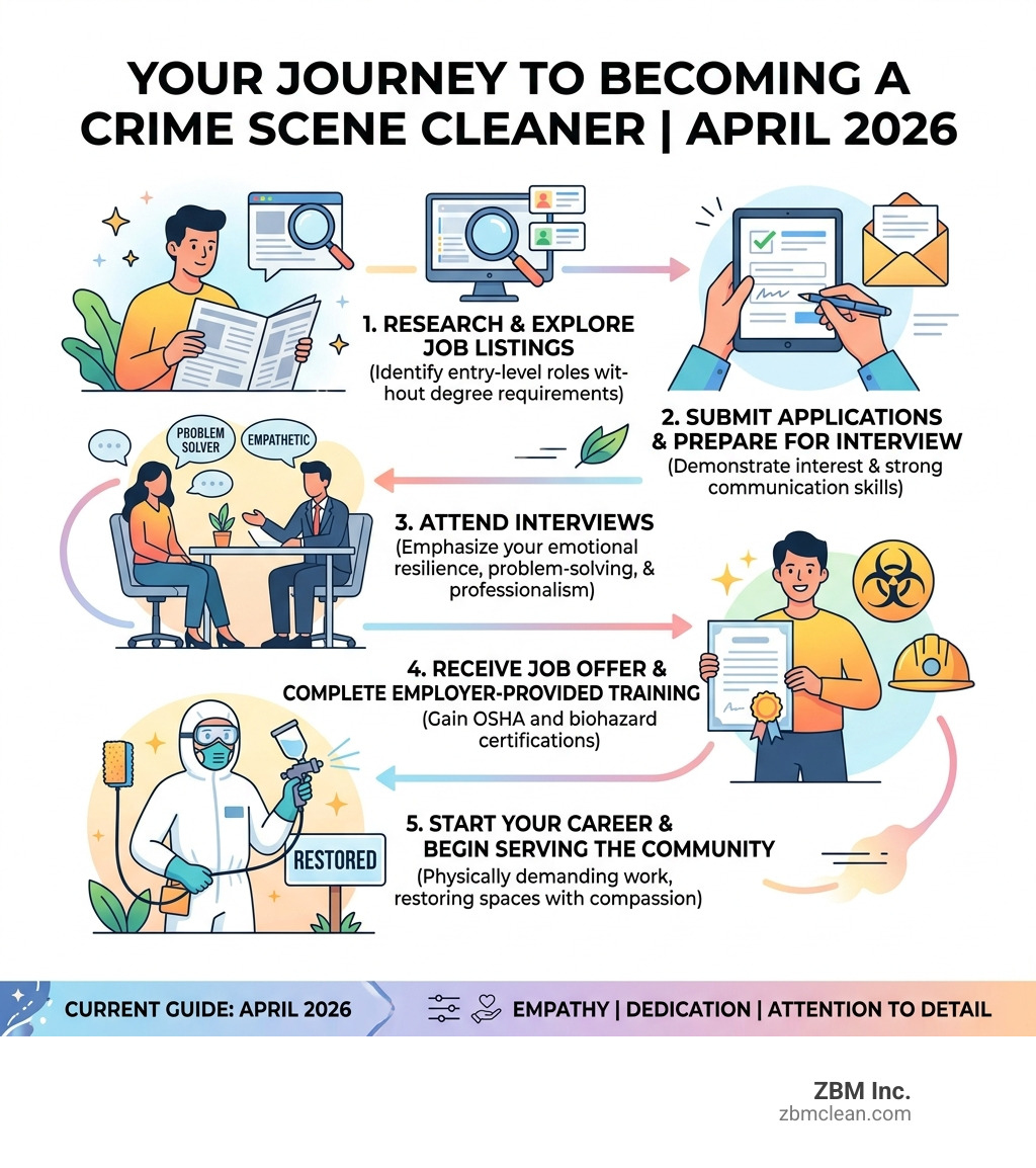 Step-by-step journey to becoming a crime scene cleaner in April 2026 - crime scene cleaning job infographic 
