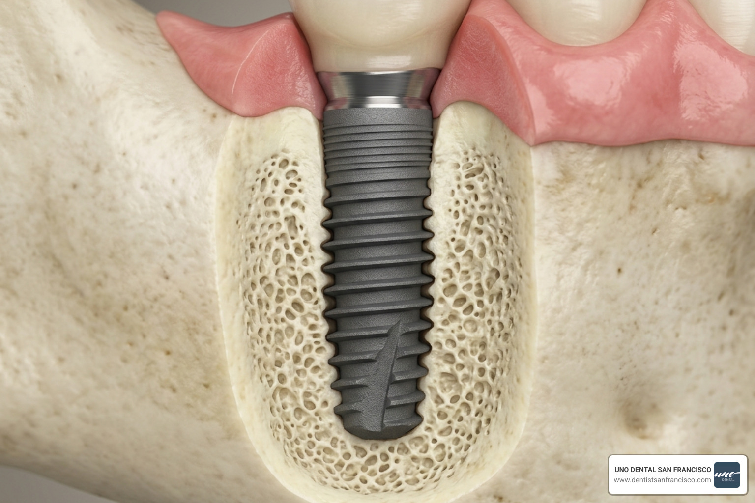 Dental implant anchored securely in a healthy jawbone - Bone grafting San Francisco Dental implant anchored securely in a healthy jawbone - Bone grafting San Francisco