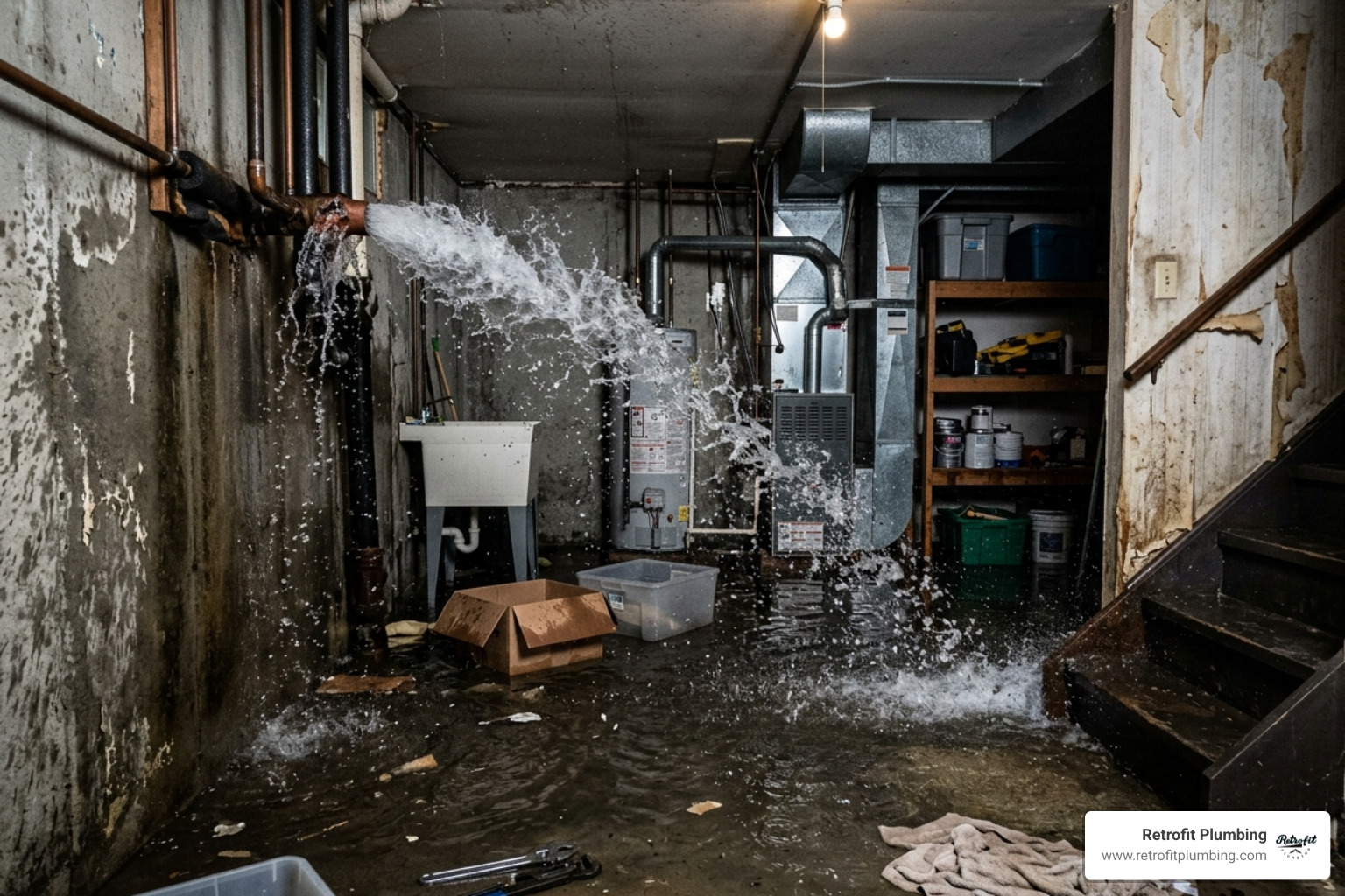 burst pipe spraying water in a basement - covington emergency plumber