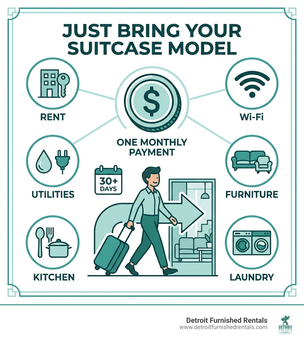 Infographic showing the Just Bring Your Suitcase model: one monthly payment covers rent, Wi-Fi, utilities, furniture