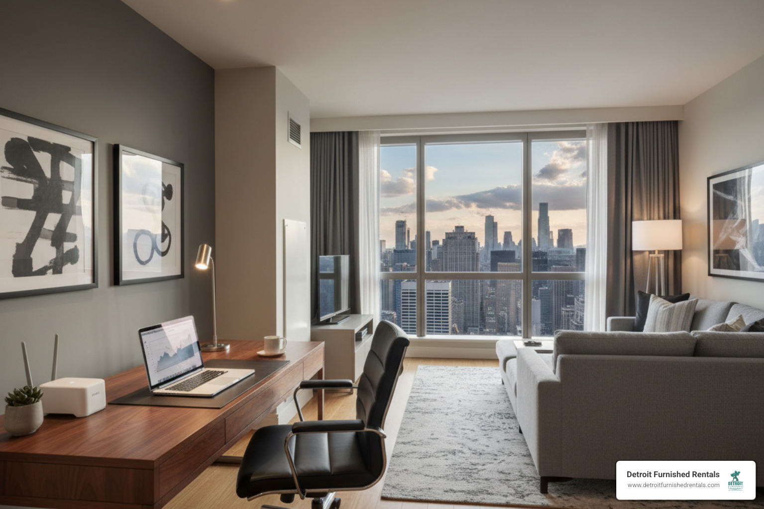 Modern executive suite with a sleek dedicated workspace and high-speed Wi-Fi - Executive furnished rentals Detroit