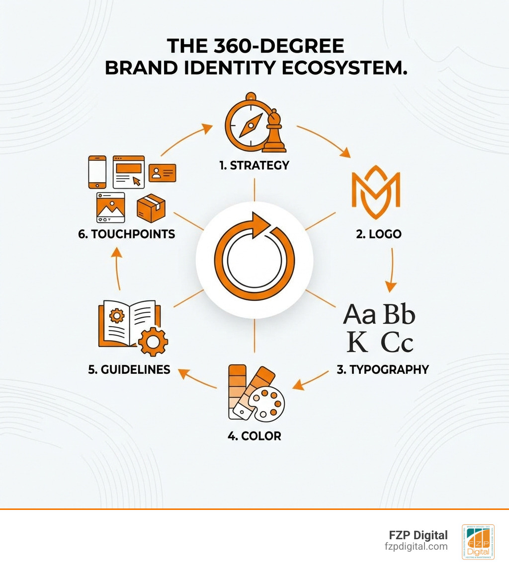 Infographic showing the 360-degree brand identity ecosystem: strategy, logo, typography, color, guidelines, and touchpoints Infographic showing the 360-degree brand identity ecosystem: strategy, logo, typography, color, guidelines, and touchpoints