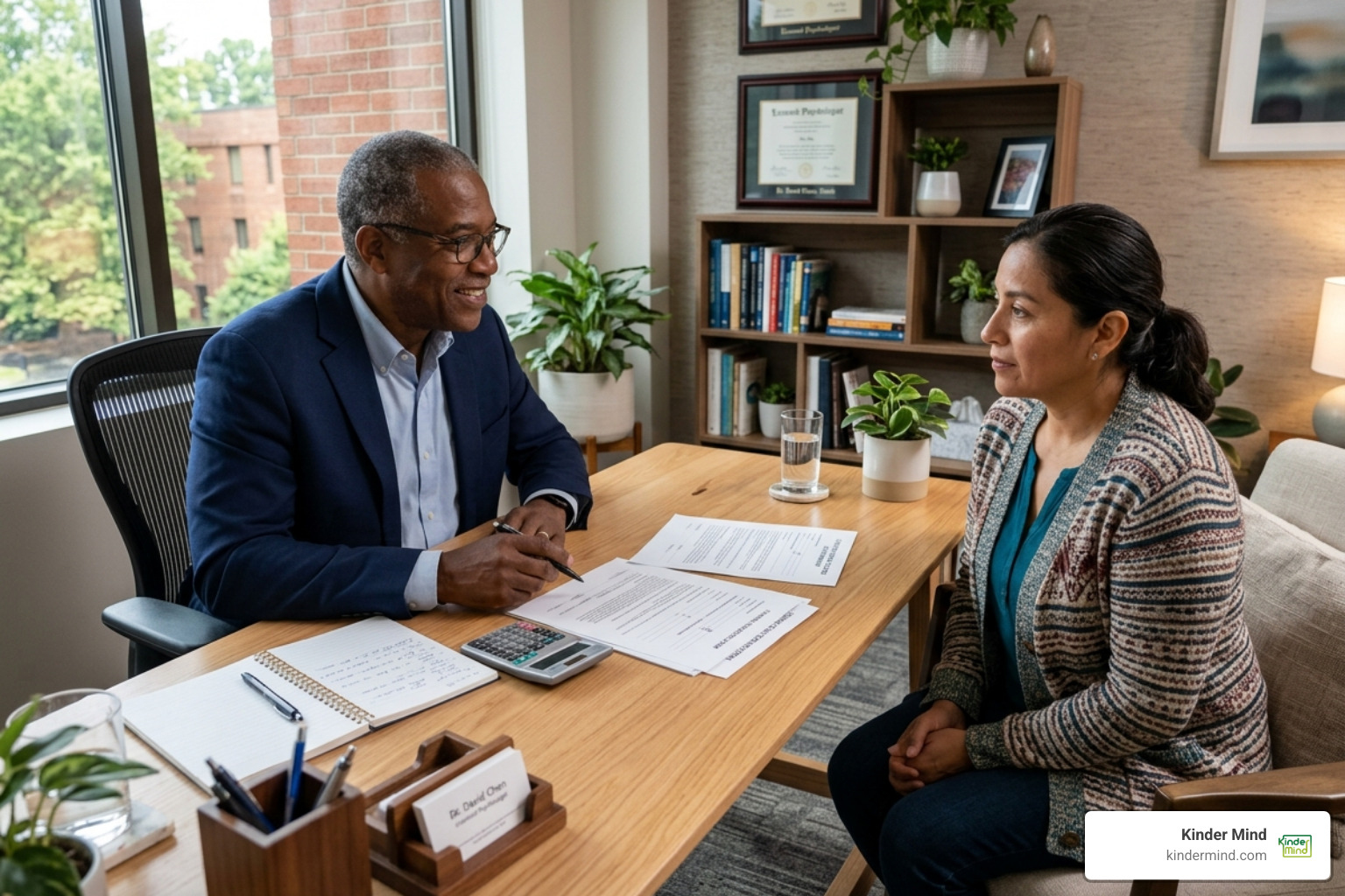 Therapist and client discussing financial paperwork for sliding scale - sliding scale therapy fees