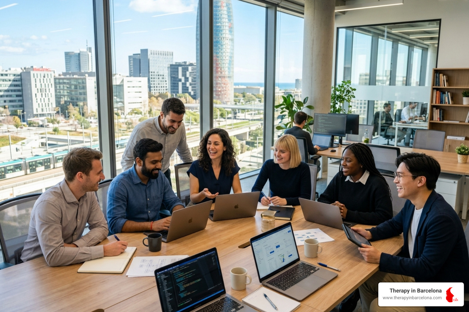 A diverse team of professionals collaborating in a bright, modern office in the 22@ tech district - jobs in barcelona for A diverse team of professionals collaborating in a bright, modern office in the 22@ tech district - jobs in barcelona for