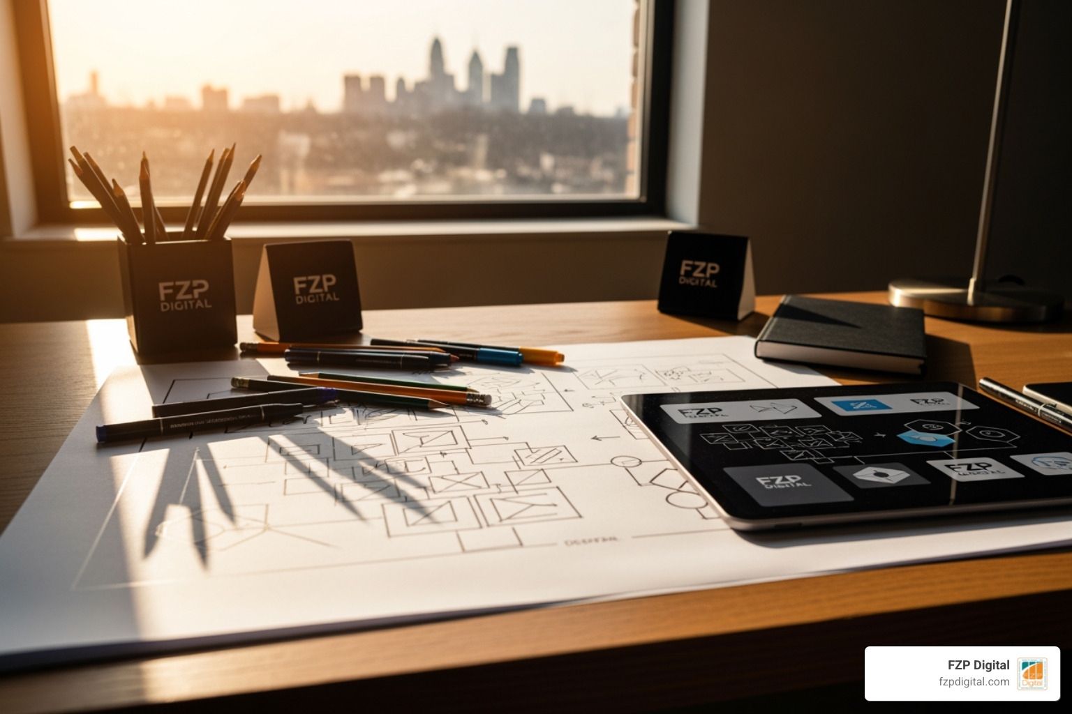 A designer at a wooden desk in a sunlit Richboro studio sketching a complex visual system on paper, showing the transition A designer at a wooden desk in a sunlit Richboro studio sketching a complex visual system on paper, showing the transition