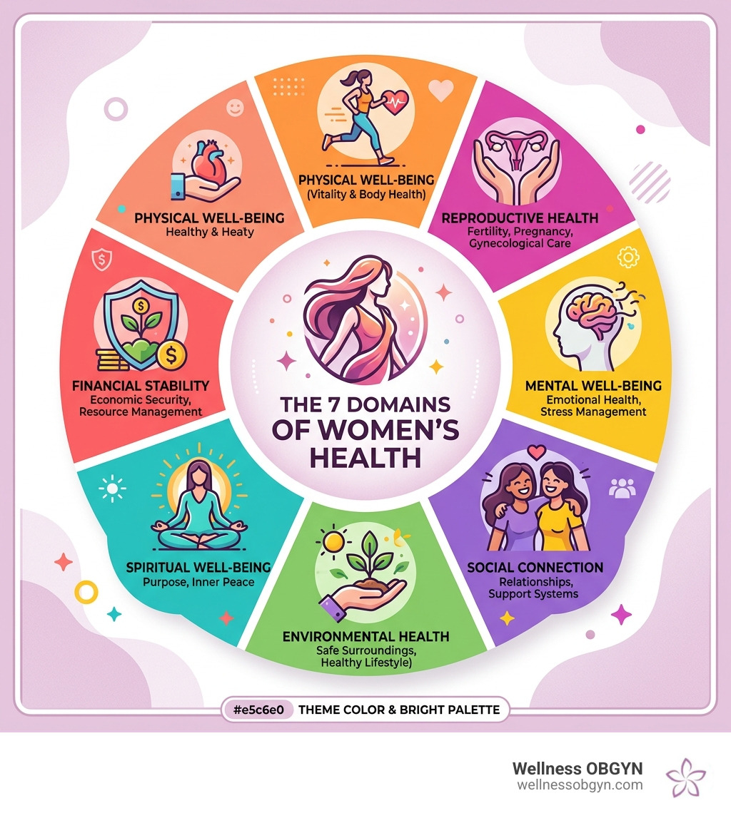 Infographic showing the 7 domains of women's health including physical, reproductive, mental, social, environmental