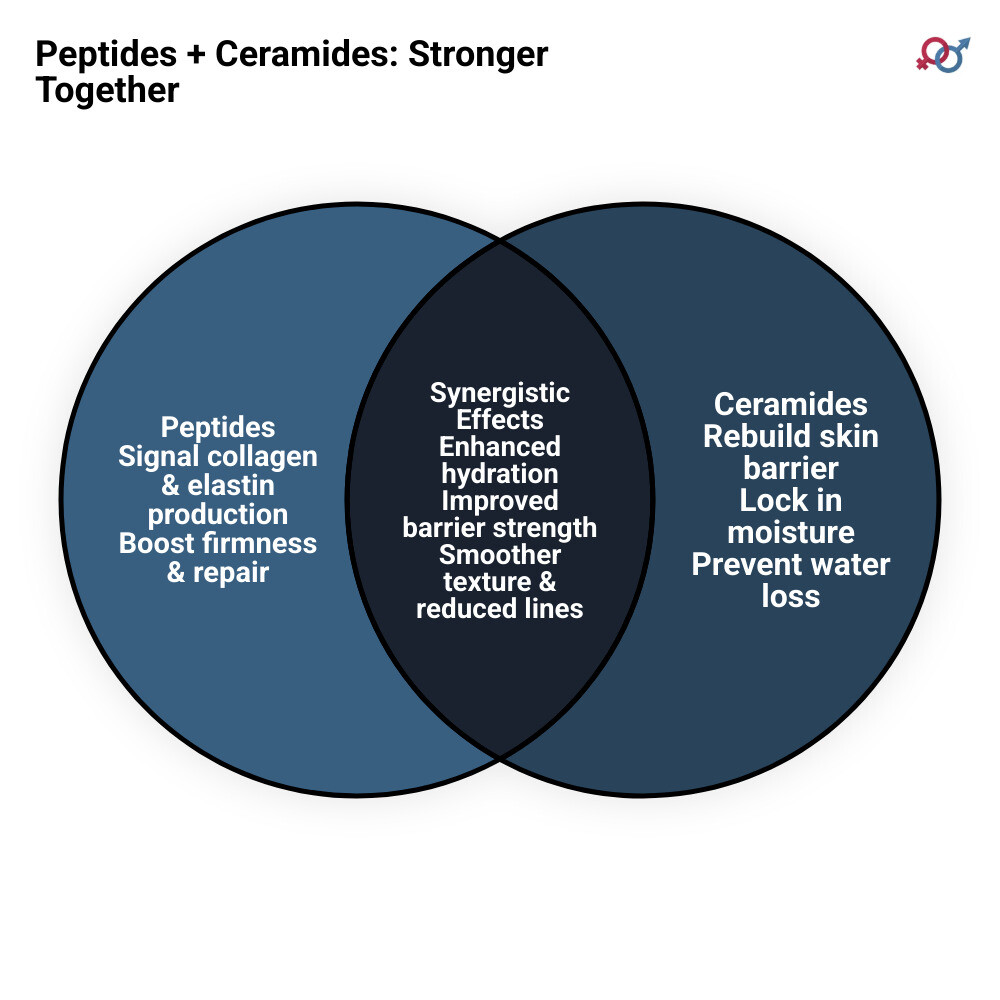 Infographic showing how peptides boost collagen and ceramides seal the skin barrier together - face cream with peptides and