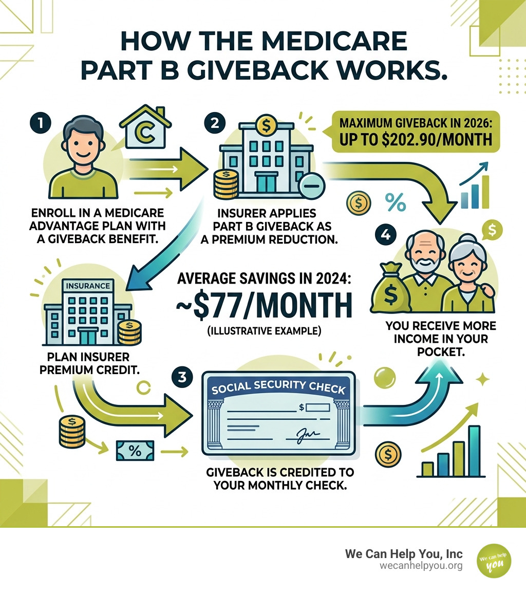 Infographic showing how the Medicare Part B giveback flows from insurer to Social Security check - medicare part b giveback