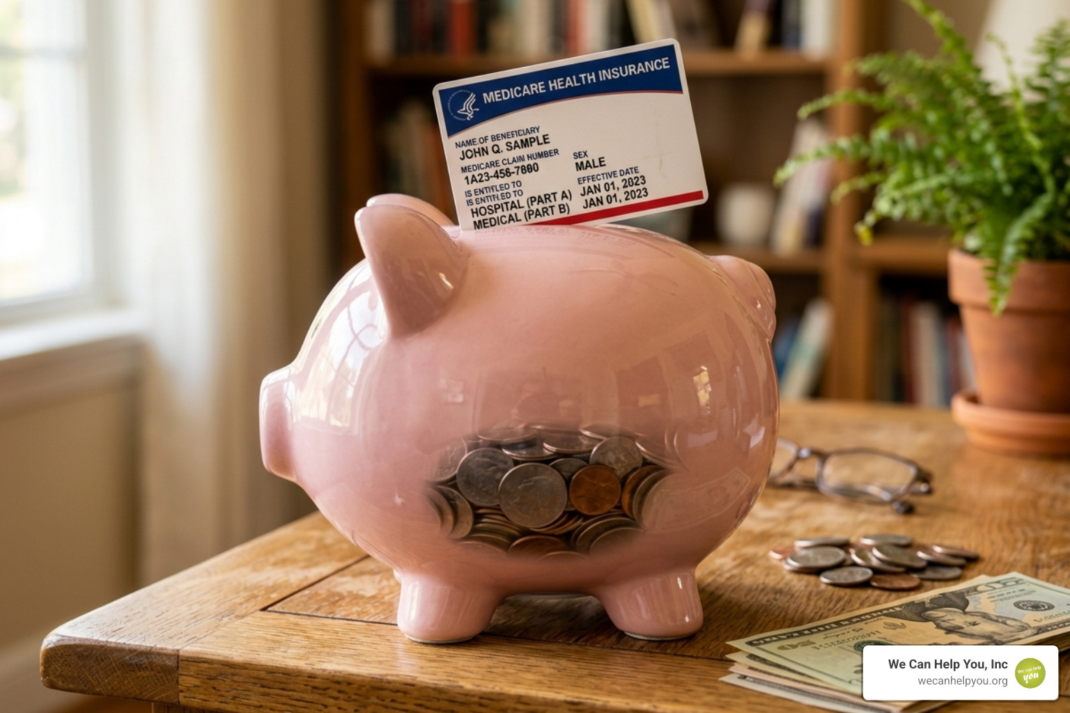 Piggy bank with a Medicare card to represent savings - medicare part b giveback plan