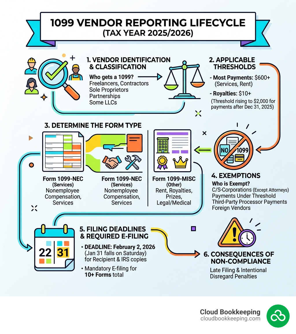 1099 vendor reporting lifecycle infographic showing thresholds, form types, deadlines, and exemptions - irs rules for 1099