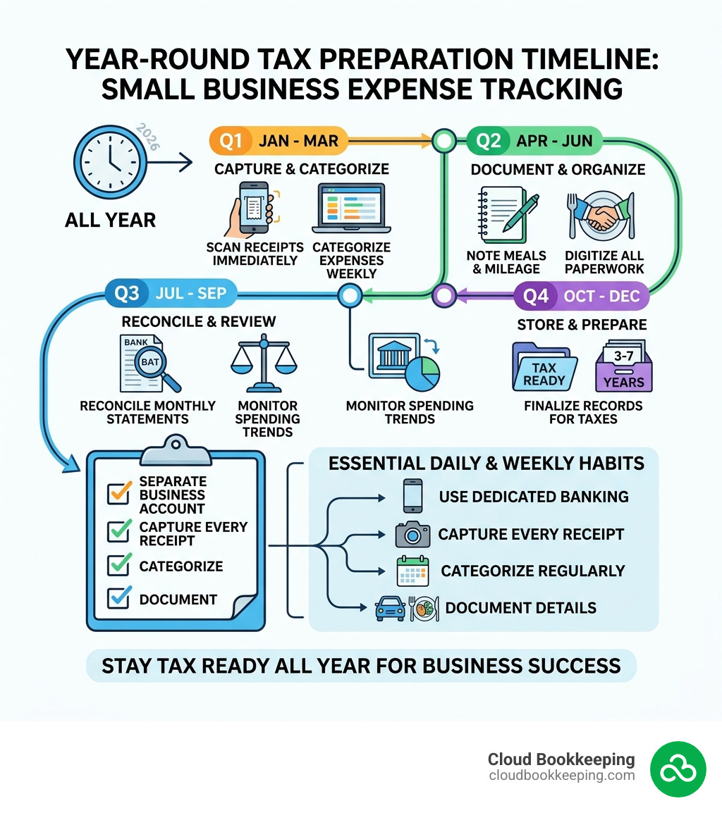 Year-round tax preparation timeline infographic for small business expense tracking - keeping track of business expenses for