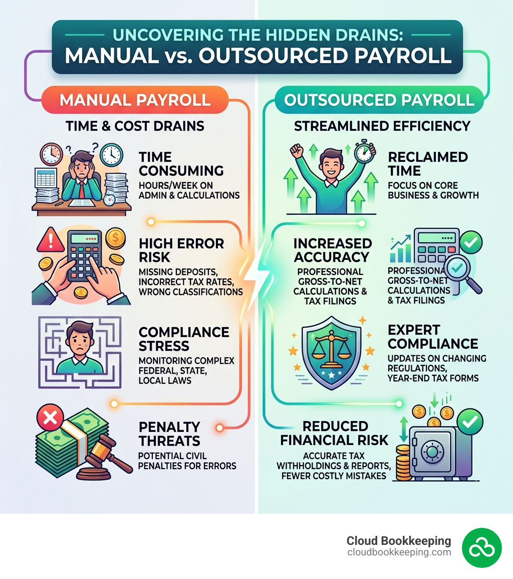 infographic showing hidden time and cost drain of manual payroll vs. outsourced payroll - outsource payroll process infographic showing hidden time and cost drain of manual payroll vs. outsourced payroll - outsource payroll process