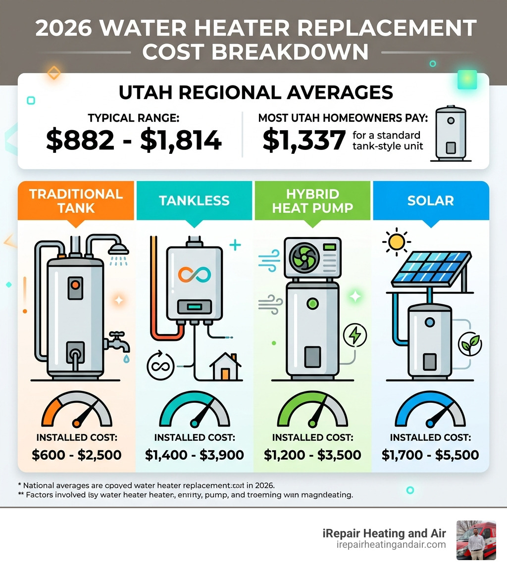 2026 water heater replacement cost breakdown infographic showing cost ranges by type - water heater replacement costs 2026 water heater replacement cost breakdown infographic showing cost ranges by type - water heater replacement costs