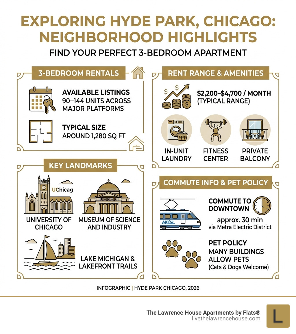 Hyde Park Chicago neighborhood highlights infographic with size, landmarks, and commute info - 3 bedroom