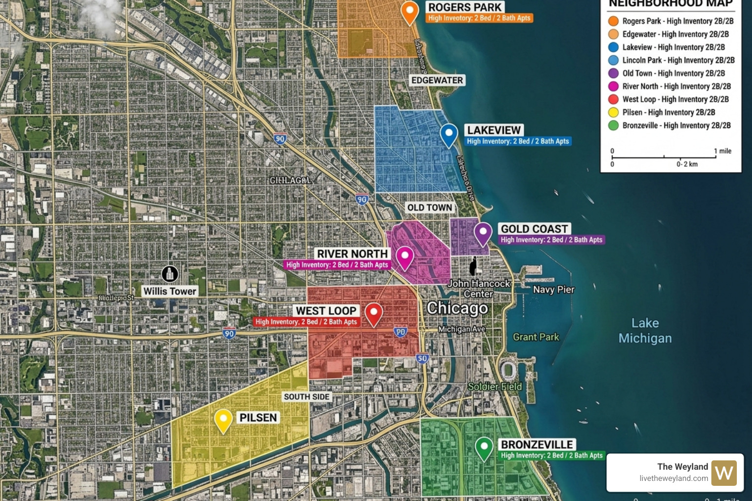 Map of Chicago neighborhoods highlighting areas with high 2 bed 2 bath inventory - 2 bed 2 bath chicago Map of Chicago neighborhoods highlighting areas with high 2 bed 2 bath inventory - 2 bed 2 bath chicago