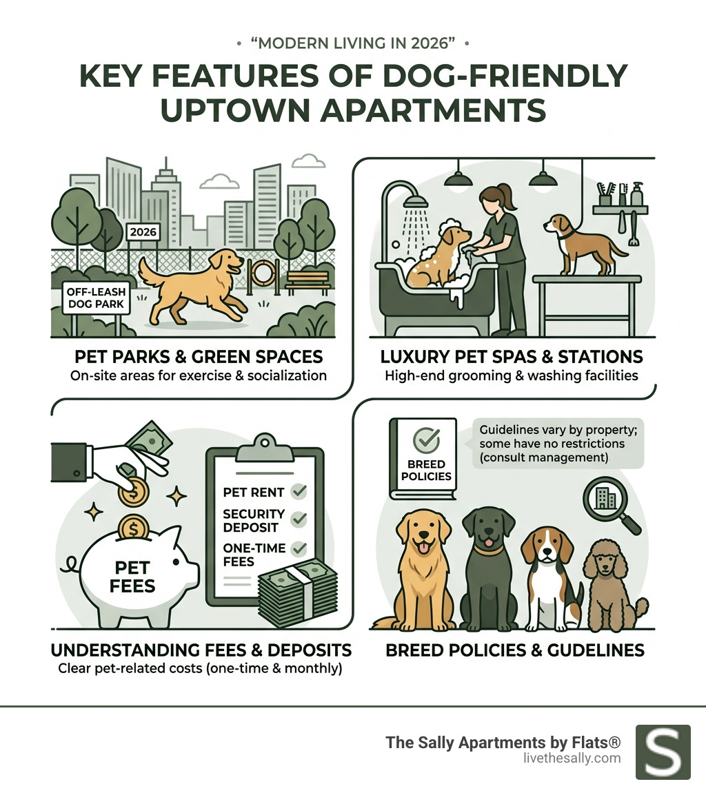 Infographic showing key features of dog-friendly Uptown apartments including parks, pet spas, fees, and breed policies