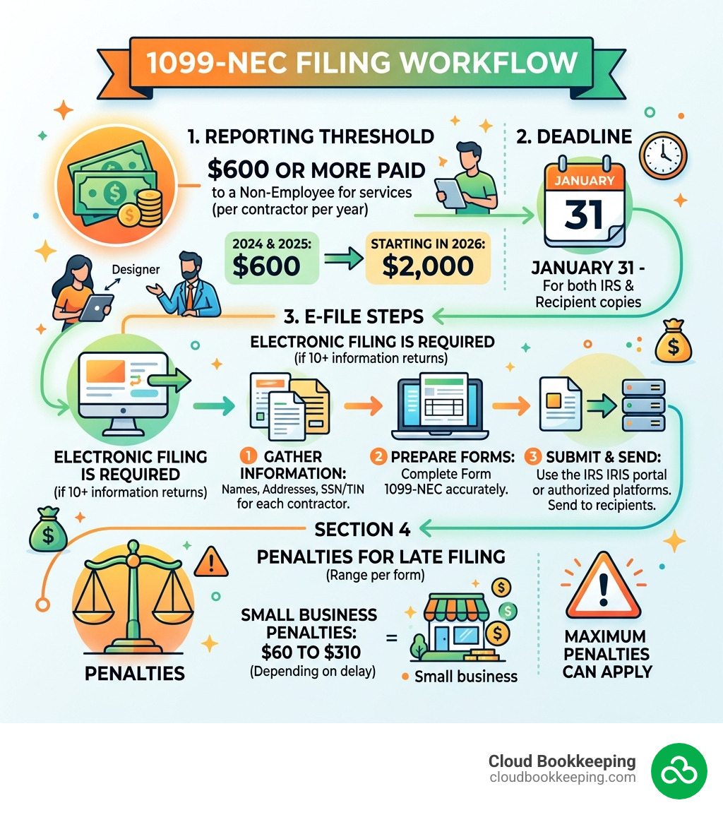 1099-NEC filing workflow infographic: threshold, deadline, e-file steps, and penalties - 1099 NEC filing assistance 1099-NEC filing workflow infographic: threshold, deadline, e-file steps, and penalties - 1099 NEC filing assistance