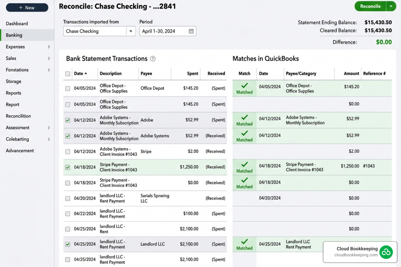 QuickBooks Online reconciliation dashboard showing transaction matching - QuickBooks reconciliation services small business