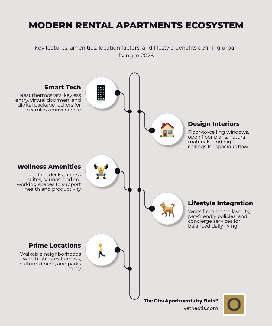 Modern rental apartment ecosystem infographic showing key features, amenities, location factors, and lifestyle benefits Modern rental apartment ecosystem infographic showing key features, amenities, location factors, and lifestyle benefits