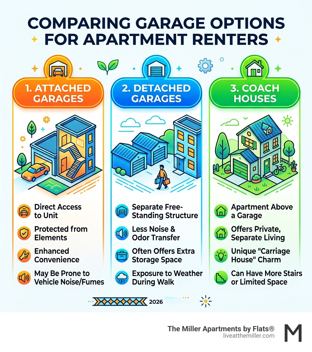 Infographic comparing attached garages, detached garages, and coach houses for apartment renters - apartment with garage for
