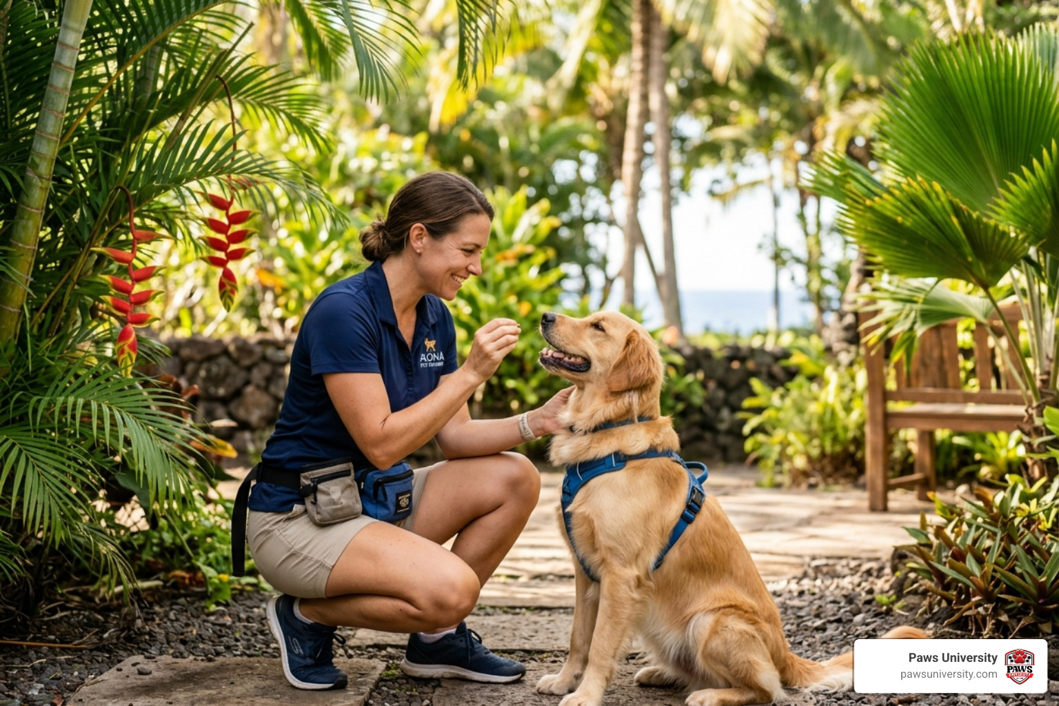 A professional trainer using rewards-based methods in a sunny outdoor setting with tropical plants - boarding and training A professional trainer using rewards-based methods in a sunny outdoor setting with tropical plants - boarding and training