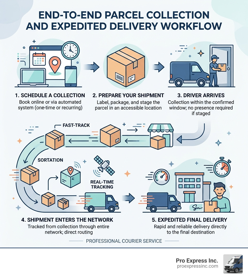 End-to-end parcel collection and expedited delivery workflow infographic - parcel pickup service infographic End-to-end parcel collection and expedited delivery workflow infographic - parcel pickup service infographic