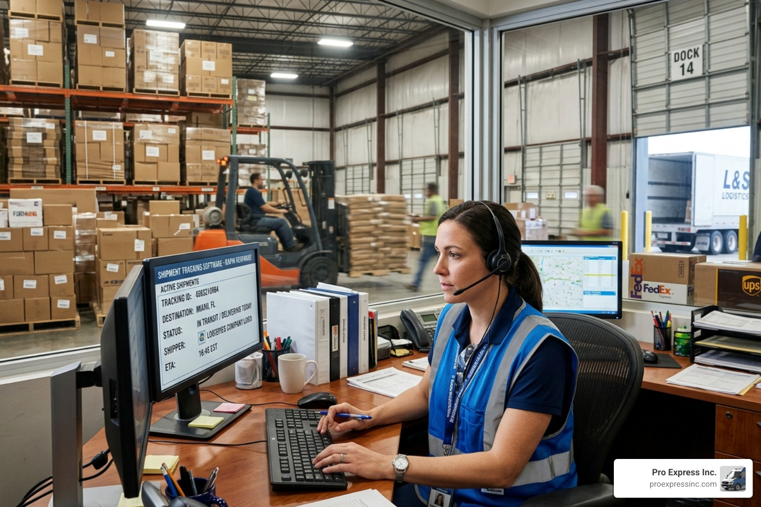 Logistics manager coordinating a rapid response shipment - parcel pickup service Logistics manager coordinating a rapid response shipment - parcel pickup service