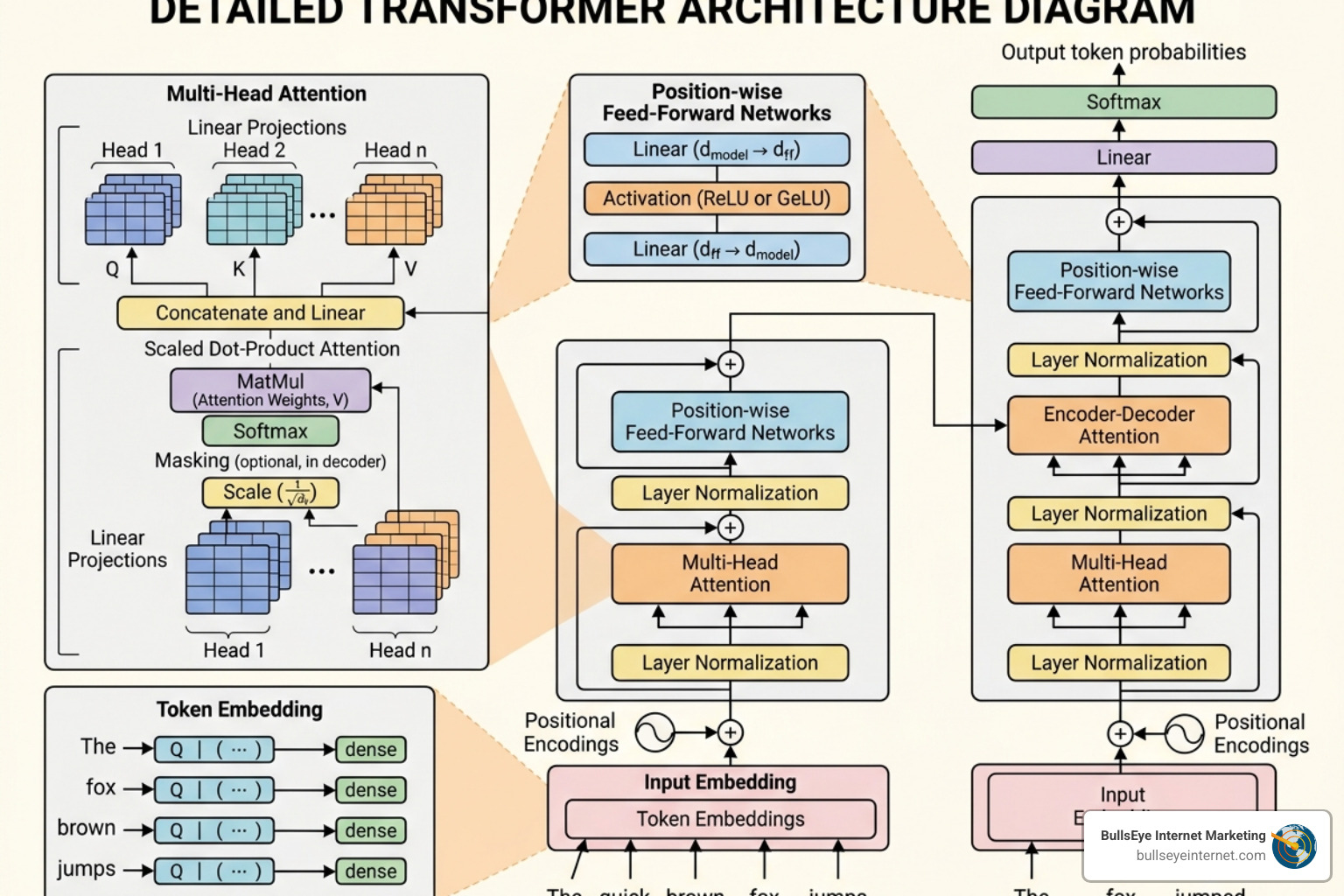 Diagram of transformer architecture showing how predictive engines process language patterns - LLM content creation Detailed transformer architecture diagram illustrating multi-head attention, position-wise feed-forward networks, and token embedding processes, relevant to LLM content creation strategies.