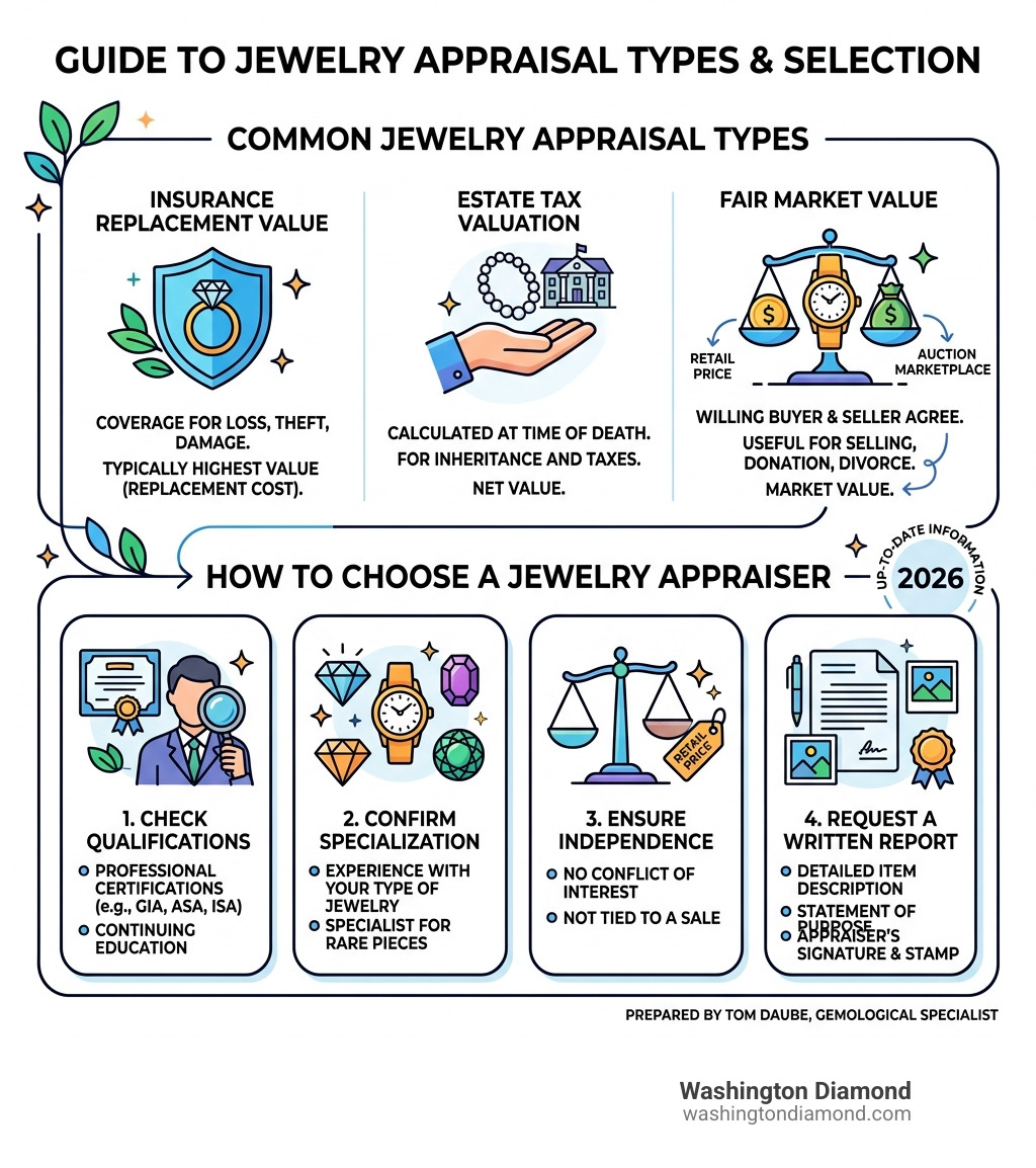 Infographic showing jewelry appraisal types insurance estate fair market value and how to choose - Jewelry appraisal Tysons Infographic showing jewelry appraisal types insurance estate fair market value and how to choose - Jewelry appraisal Tysons