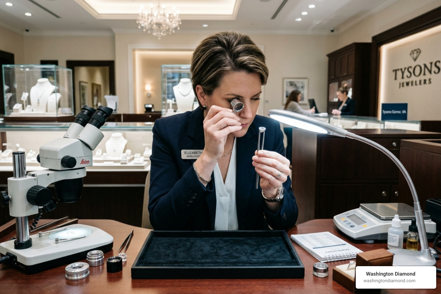 Professional gemologist examining a diamond with a loupe in Tysons Corner - Jewelry appraisal Tysons Corner Professional gemologist examining a diamond with a loupe in Tysons Corner - Jewelry appraisal Tysons Corner