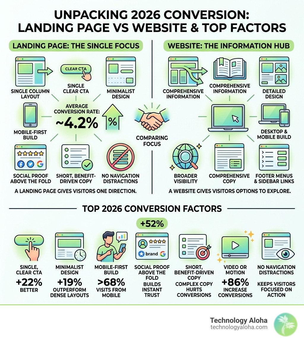 Infographic comparing landing page vs website and top conversion factors for 2026 - best converting landing pages 2023