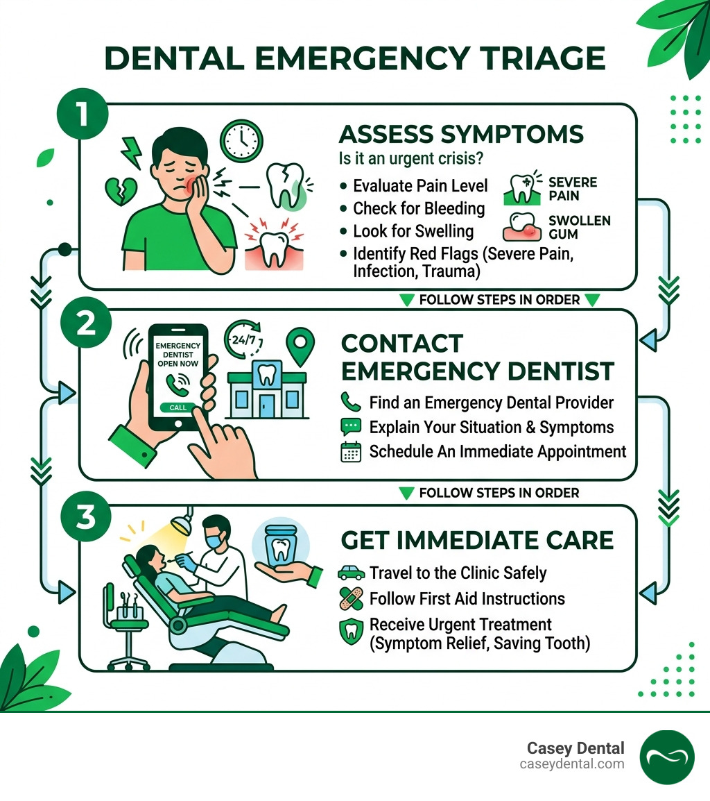 3-step triage process for dental emergencies: assess symptoms, contact emergency dentist, get immediate care - emergency