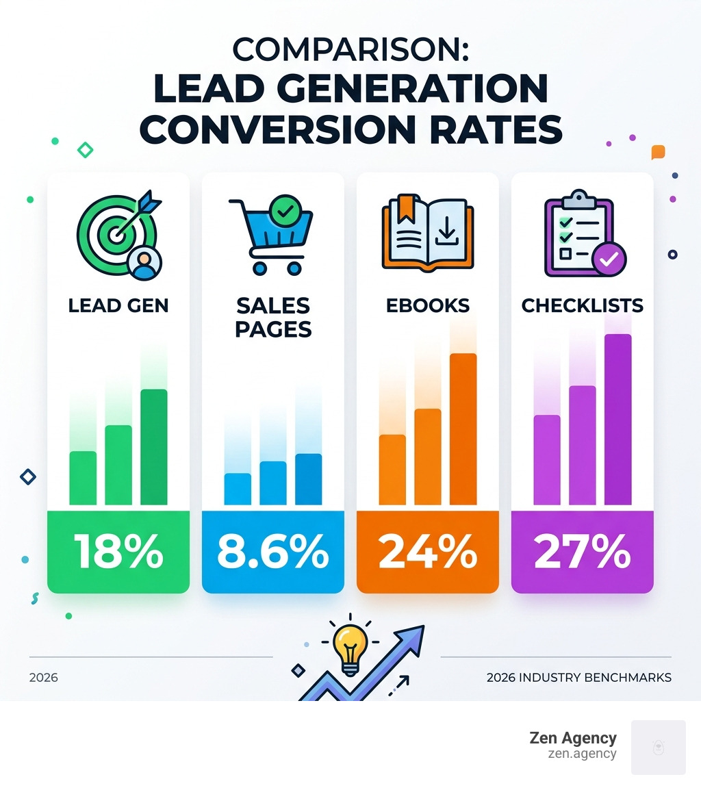 Table comparing conversion rates: Lead Gen (18%), Sales Pages (8.6%), Ebooks (24%), Checklists (27%) - CRO for lead Table comparing conversion rates: Lead Gen (18%), Sales Pages (8.6%), Ebooks (24%), Checklists (27%) - CRO for lead