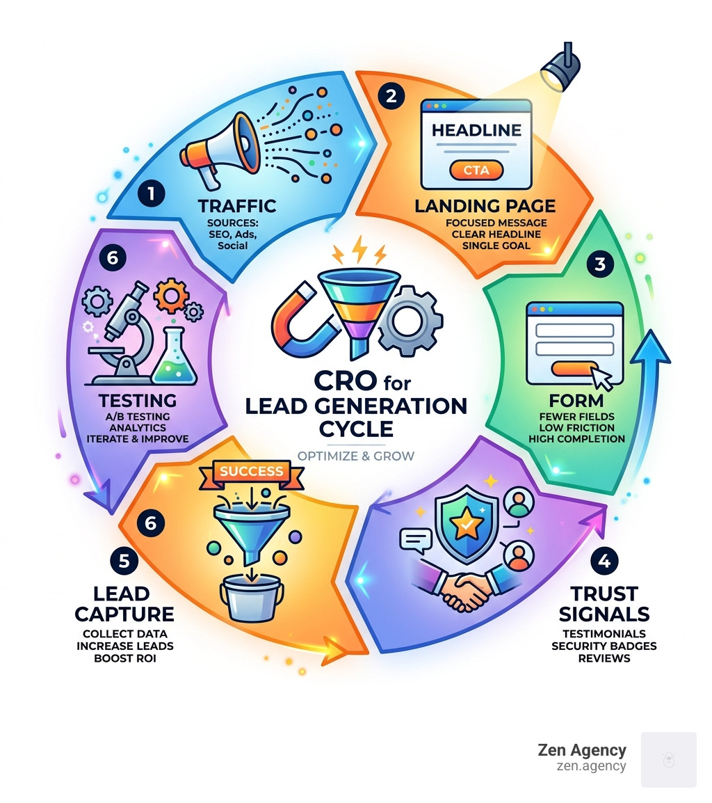 CRO for lead generation cycle: traffic, landing page, form, trust signals, lead capture, testing - CRO for lead generation CRO for lead generation cycle: traffic, landing page, form, trust signals, lead capture, testing - CRO for lead generation