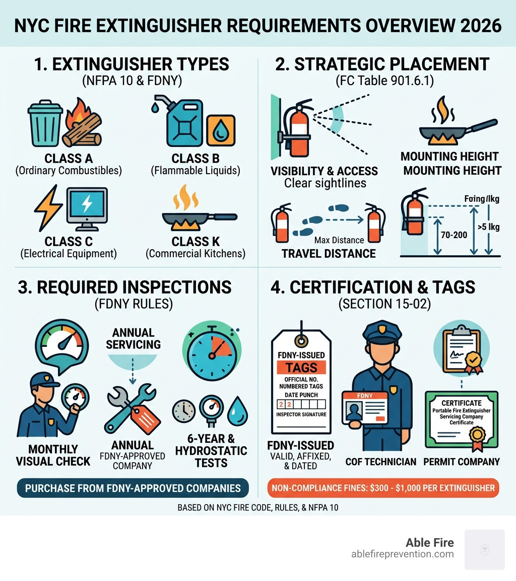 NYC fire extinguisher requirements overview infographic showing types, placement, inspection, and certification rules - nyc NYC fire extinguisher requirements overview infographic showing types, placement, inspection, and certification rules - nyc