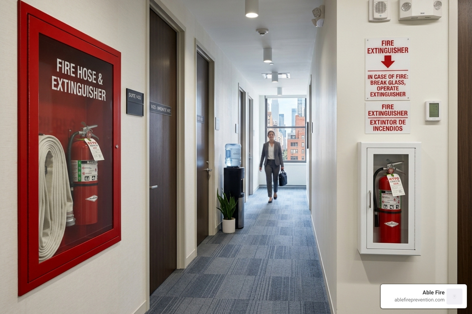 Fire extinguishers in a commercial hallway correctly mounted - nyc fire extinguisher requirements Fire extinguishers in a commercial hallway correctly mounted - nyc fire extinguisher requirements
