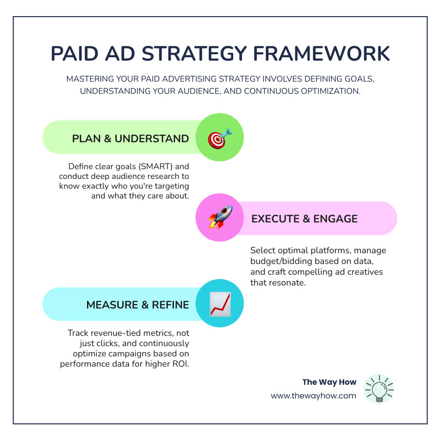 Paid advertising strategy framework: goals, audience, platform, budget, creative, measure, optimize - paid advertising Paid advertising strategy framework: goals, audience, platform, budget, creative, measure, optimize - paid advertising