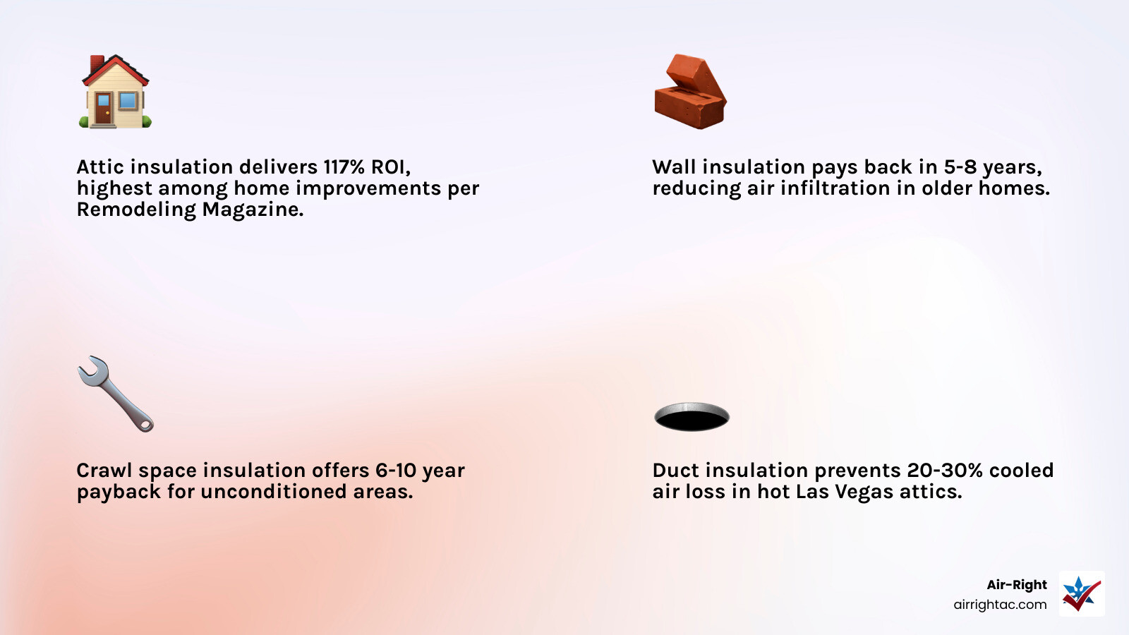 Insulation ROI comparison chart showing attic, wall, duct, and crawl space payback periods and savings - which insulation