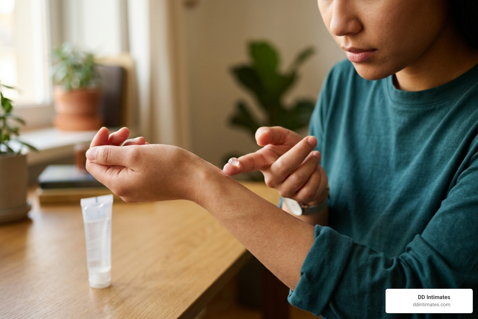 Person applying a small amount of lubricant to their fingertips for a patch test - tingling lube intense sensation