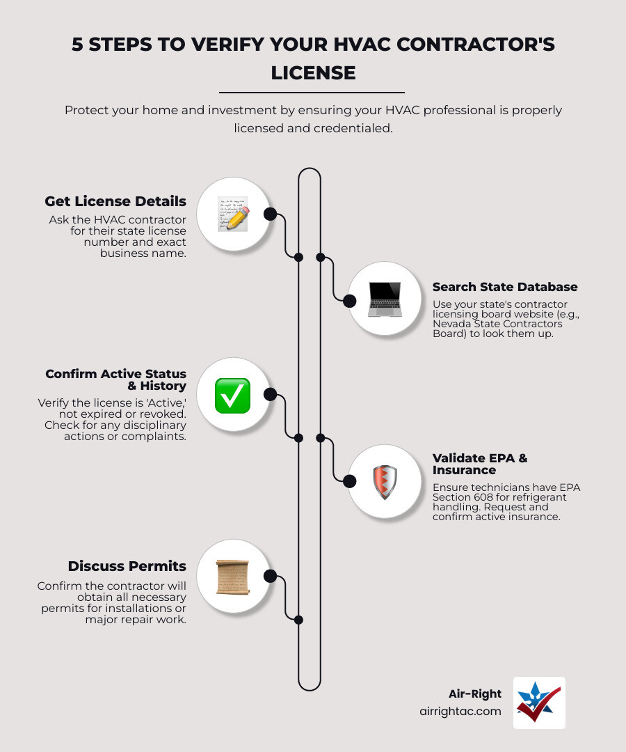 5-step infographic to verify an HVAC contractor's license status before hiring - how to verify your hvac company is licensed