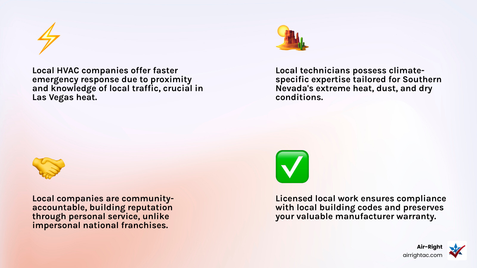 Infographic comparing local licensed HVAC contractors vs. national franchises across key benefit categories - benefits of