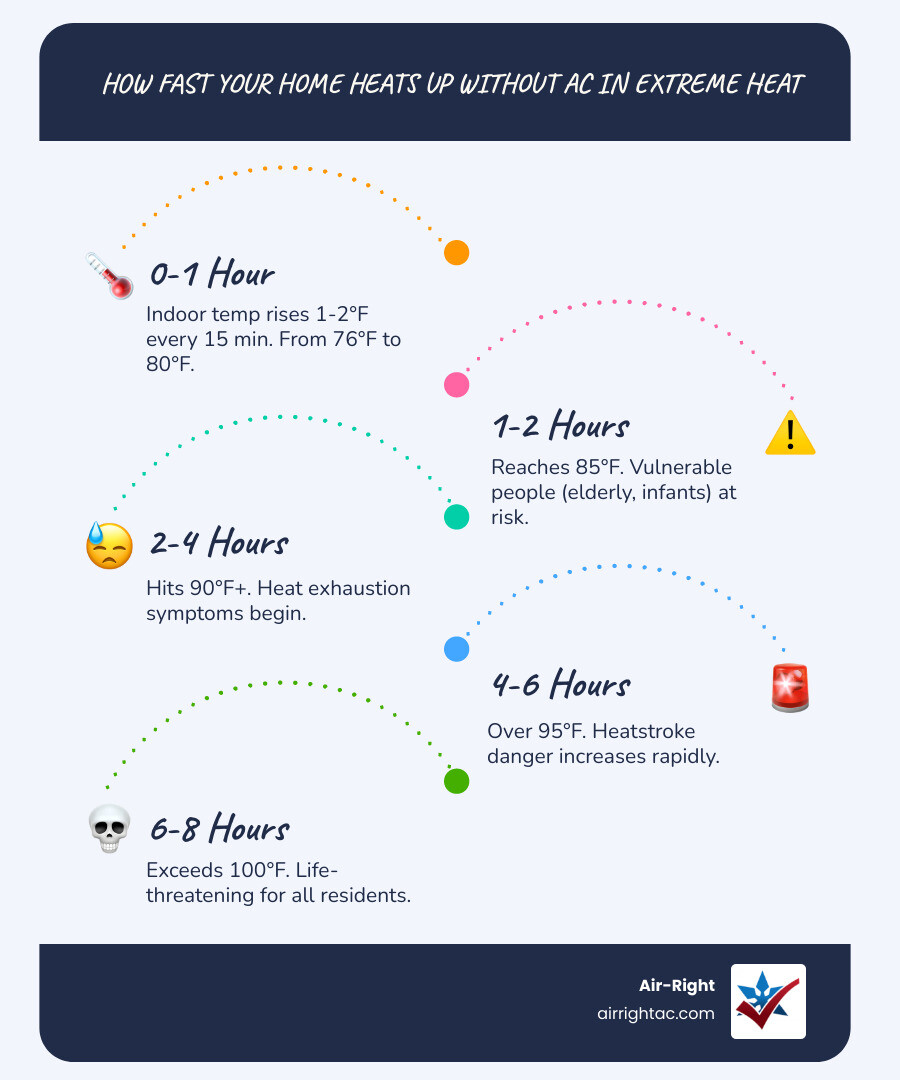 Infographic showing Las Vegas home temperature rise without AC over 8 hours with cooling tips - what to do when your ac