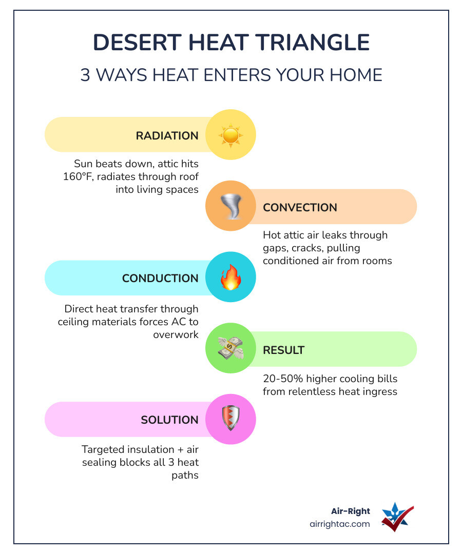 infographic showing the Desert Heat Triangle with radiation, convection, and conduction in a desert home cross-section