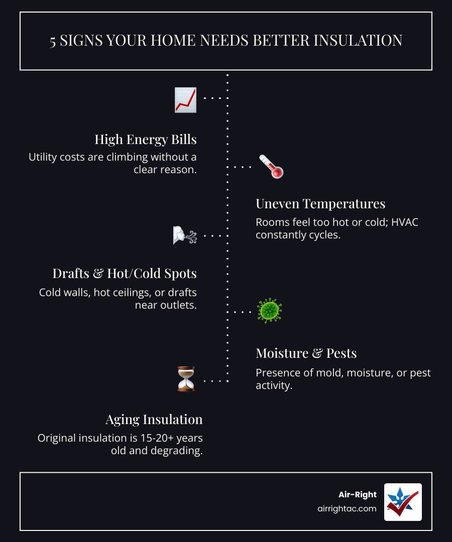 Infographic showing 9 signs your home needs better insulation: high energy bills, uneven temps, hot ceilings, drafts near