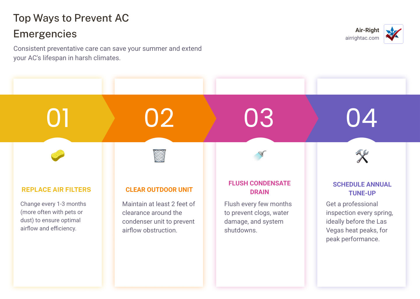 Infographic showing top ways to prevent AC emergencies including filter changes, coil cleaning, drain flushing, and annual
