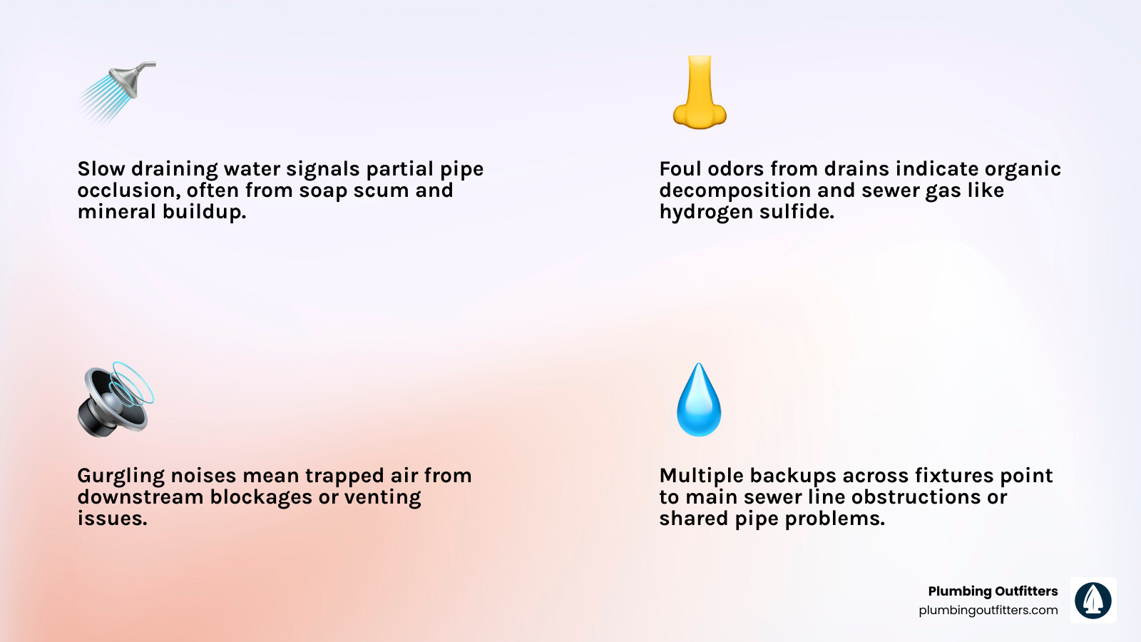 Infographic showing 7 signs your drain needs professional cleaning with icons for each warning sign - signs your drain needs Image illustrating common signs of drainage issues: slow draining water, foul odors from drains, gurgling noises, and multiple backups, highlighting the need for professional drain cleaning services.